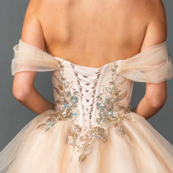 New Champagne Sequins Embellished Homecoming Tulle Gown w/ Lace Up Back DQ 3423 - Picture 7 of 8